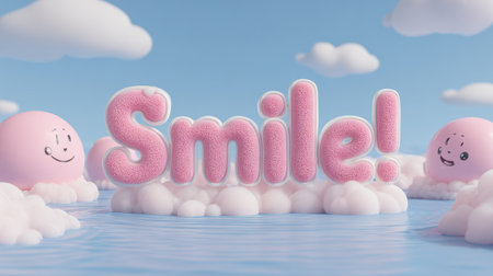 A playful cartoon scene that showcases charming pink clouds and the playful word 'Smile' set against a serene blue water background.の素材