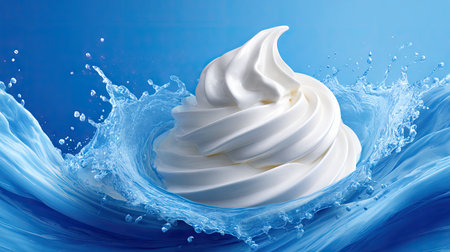 A visually stunning image of creamy whipped dessert swirls showcased amidst dynamic splashes of water, set against a bright blue backdrop.の素材