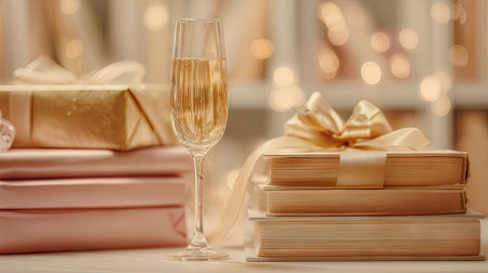 A sophisticated celebration scene featuring a sparkling champagne glass beside beautifully wrapped gifts and cozy books, all enhanced by soft, warm bokeh lights.の素材