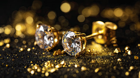 Stunning close-up of sparkling diamond earrings on a glittering gold surface, creating a luxurious and elegant atmosphere filled with shimmering light.の素材