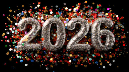 Festive glittering numbers 2026 shine brightly against a backdrop of colorful confetti, creating a joyful atmosphere perfect for celebratory occasions.の素材