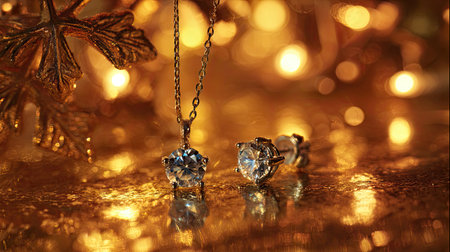 Captivating image of an elegant jewelry set featuring a stunning pendant necklace and sparkling earrings. The soft bokeh background creates a warm and festive atmosphere, perfect for special occasions.の素材