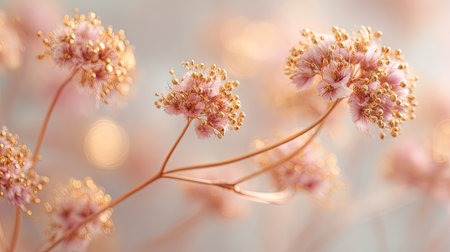 This enchanting image features delicate pink flowers with a soft bokeh effect against a pastel background, evoking tranquility and beauty.の素材