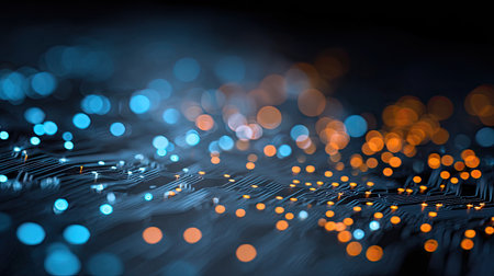 An abstract image showcasing digital circuits with glowing blue and orange lights, creating a captivating and futuristic tech-inspired background perfect for visual projects.の素材