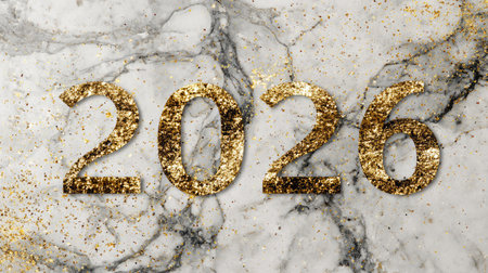 A stunning display of golden glittering numbers "2026" is set against a beautifully veined marble background. Ideal for celebrations and events.の素材