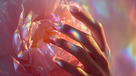 A soft and ethereal image featuring a delicate hand gracefully touching flower petals, surrounded by colorful light reflections, evoking a sense of tranquility.の素材