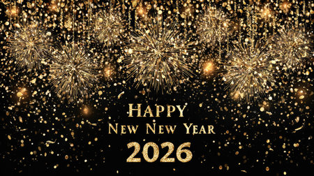 A stunning display of fireworks illuminates the night sky, celebrating the arrival of New Year 2026. Golden sparkles and confetti add to the festive atmosphere, symbolizing joy and new beginnings.の素材