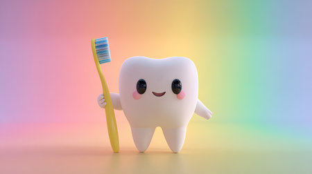 Adorable cartoon tooth character happily holding a yellow toothbrush, perfect for dental hygiene themes, children's education, and playful illustrations.の素材