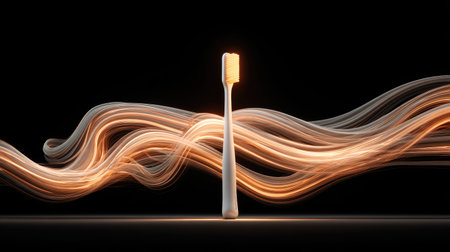 A stunning electric toothbrush stands elegantly against a black background, surrounded by vibrant light trails that emphasize its modern design.の素材