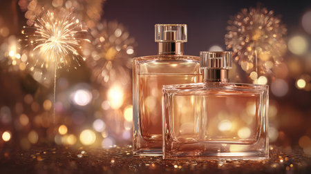 This stunning image captures two elegant glass perfume bottles amidst a backdrop of soft bokeh lights and festive fireworks. Perfect for holiday themes, beauty projects, or luxury branding.の素材