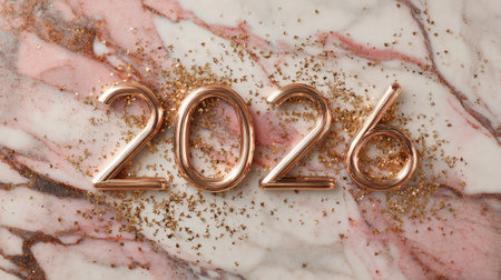 Beautifully crafted numbers "2026" sit on a stylish marble surface adorned with glittering confetti, perfect for celebrations and joyful occasions.の素材