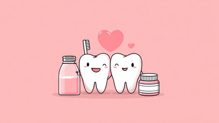 This adorable illustration features two happy cartoon tooth characters alongside a toothbrush, a milk bottle, and dental products, all set against a vibrant pink background.の素材