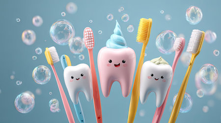 This playful illustration features cartoon teeth characters in various colors with toothbrushes and bubbles, promoting dental hygiene for children in a fun way.の素材
