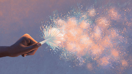 A close-up view of a hand holding a sparkler, with bright light trails and colorful sparks creating a magical atmosphere at night, perfect for celebrations.の素材