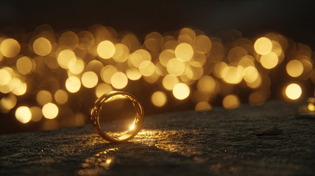 This captivating image features a golden ring resting on a stone surface, illuminated by a soft bokeh background filled with warm lights, creating a romantic atmosphere.の素材