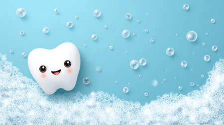 This playful illustration features a cute cartoon tooth character amidst bubbly foam on a soothing blue background, ideal for promoting dental hygiene for children.の素材