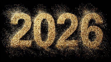 Sparkling golden numbers 2026 created with glitter on a black background. Ideal for New Year celebration themes and festive decorations. Perfect for parties.の素材
