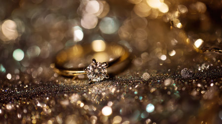 A stunning close-up of a diamond engagement ring set on a glimmering, sparkling backdrop. The soft bokeh effect creates an elegant atmosphere, perfect for romantic themes.の素材