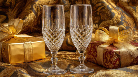 Two elegant crystal flutes stand beside beautifully wrapped gift boxes on luxurious gold fabric. Perfect for celebrations and festive occasions, this image exudes romance and sophistication.の素材