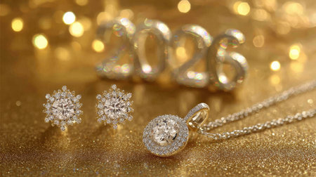 This stunning jewelry image features exquisite diamond earrings and a pendant necklace, set against a shimmering background perfect for celebrations and special occasions.の素材