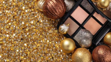 This image showcases a glamorous makeup palette surrounded by sparkling ornaments and glittering gold tones, creating a festive and elegant holiday atmosphere. Perfect for beauty and holiday-themed projects.の素材
