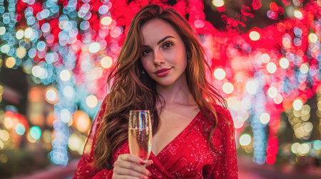 A beautiful woman in a stunning red dress holds a glass of champagne while standing amidst a vibrant background of colorful holiday lights, exuding joy and elegance.の素材