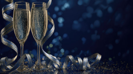 Two elegant champagne glasses filled with bubbly drink are beautifully displayed with shimmering ribbons on a dark blue background, perfect for celebrations.の素材