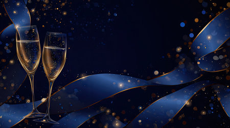 Two elegant champagne glasses sit on a dark background, surrounded by shimmering ribbons and sparkling bokeh, perfect for celebrations and festive moments.の素材