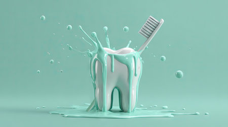 A dynamic image of a glossy white tooth and a toothbrush, immersed in a splash of minty liquid on a soft green background, symbolizing dental care.の素材