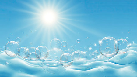 A stunning representation of serenity featuring bright sunlight illuminating a calm blue water surface with floating bubbles, creating a tranquil and joyful atmosphere.の素材