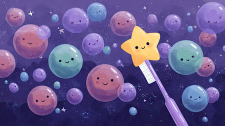 Whimsical illustration featuring cute animated bubbles with smiles and a star-shaped toothbrush in a colorful outer space setting, perfect for children's themes.の素材
