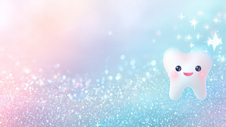 This illustration features a cute cartoon tooth character set against a vibrant pastel background sprinkled with sparkles, perfect for dental care themes.の素材