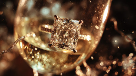A captivating close-up of a luxurious diamond ring elegantly perched in a champagne glass, exuding glamour and celebration through sparkling reflections.の素材
