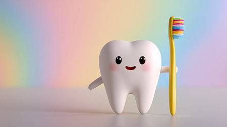 A cheerful cartoon tooth character happily holds a vibrant toothbrush against a soft pastel rainbow background, promoting dental hygiene and care.の素材