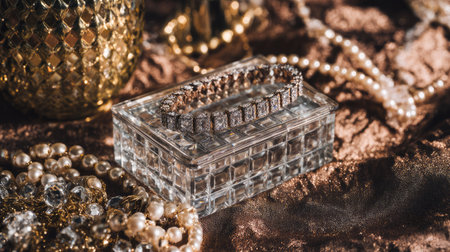 A stunning arrangement of an elegant diamond bracelet atop a crystal box, surrounded by luxurious pearls and golden accents, perfect for showcasing opulence.の素材