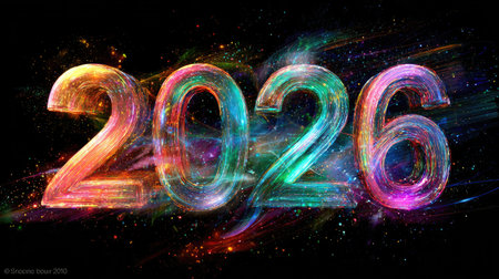 An eye-catching and colorful digital representation of the year 2026. It features vibrant light trails and an abstract cosmic background, symbolizing future potential.の素材