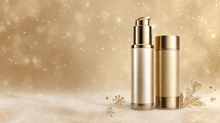 This image showcases stylish golden cosmetic bottles against a shimmering backdrop, ideal for beauty promotions, skincare advertising, and festive themes.の素材