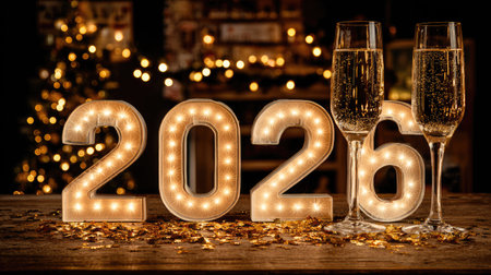 Celebrate the arrival of 2026 with this festive scene featuring sparkling champagne glasses, illuminated numbers, and festive decorations. Perfect for holiday events!の素材