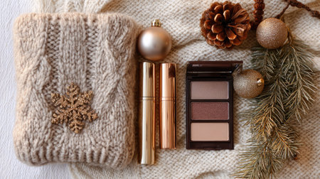 A cozy winter flat lay showcasing a knitted scarf, Christmas ornaments, makeup products, and pine cones. Perfect for holiday themes and beauty inspiration.の素材
