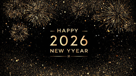 Celebrate the arrival of 2026 with a stunning display of fireworks against a shimmering background, ideal for festive greetings and joyful occasions.の素材