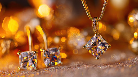 This elegant jewelry set showcases a stunning gold pendant and matching earrings adorned with brilliant gemstones. The warm bokeh background enhances the luxurious feel.の素材
