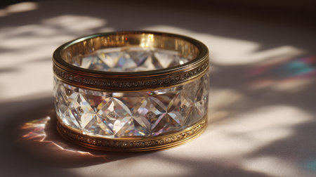 A stunning crystal bangle adorned with gold trim, reflecting light beautifully in a soft setting. The artwork captures elegance and style with intricate details.の素材