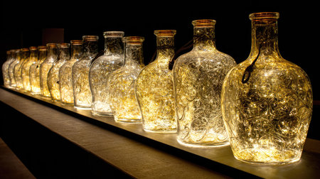A serene display of illuminated glass bottles filled with delicate lights, creating a warm and enchanting atmosphere perfect for decorative purposes.の素材