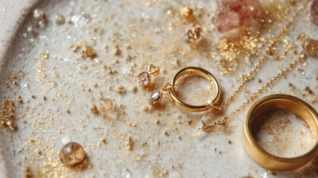 This image captures an elegant arrangement of gold jewelry featuring rings and a necklace adorned with shimmering gems, set against a soft, luxurious background.の素材