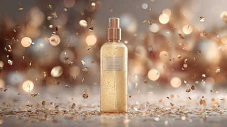 This stunning image features an elegant beauty spray bottle surrounded by shimmering gold particles and a soft blurred background, perfect for luxury product promotion.の素材