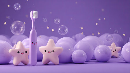 This whimsical image features a cute toothbrush alongside charming stars and bubbles, all set against a vibrant purple background, perfect for children's dental themes.の素材