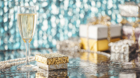 This image features an elegant champagne glass beside beautifully wrapped gifts against a sparkling backdrop, perfect for celebrations and festive occasions.の素材