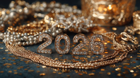 A stunning arrangement featuring the year 2026 in sparkling gold, surrounded by elegant accessories, glitter, and decorations, perfect for celebrating the new year.の素材