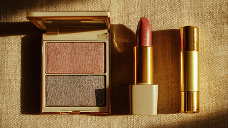 This elegant makeup arrangement features a compact eyeshadow palette with shimmering hues and a stylish lipstick, bathed in soft, warm light, perfect for beauty enthusiasts.の素材