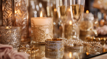 Captivating arrangement of gold jewelry, candles, and champagne flutes creates a luxurious atmosphere for any celebration, highlighting elegance and style.の素材